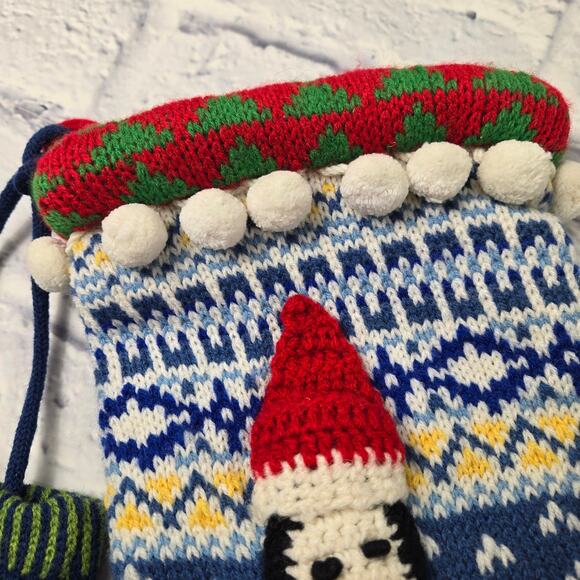 3D Knit Christmas Stocking Penguin Blue Fair Isle Mittens Pom Poms - Picture 6 of 13